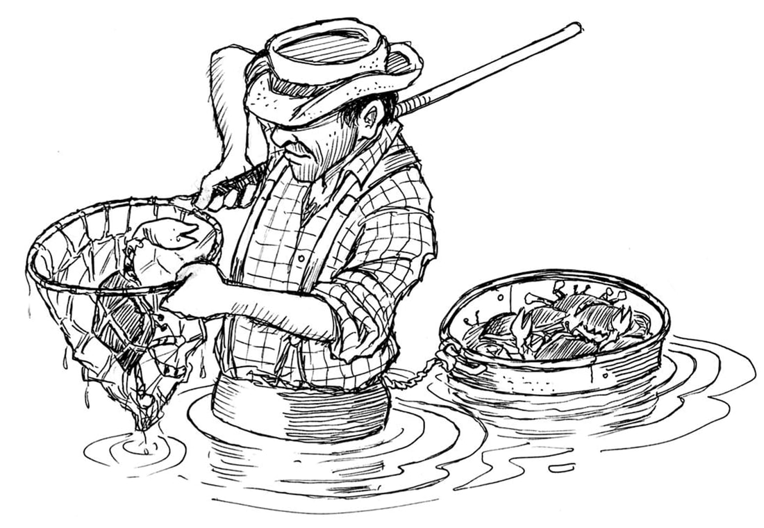 A drawing from Art Manor of a man crabbing. 