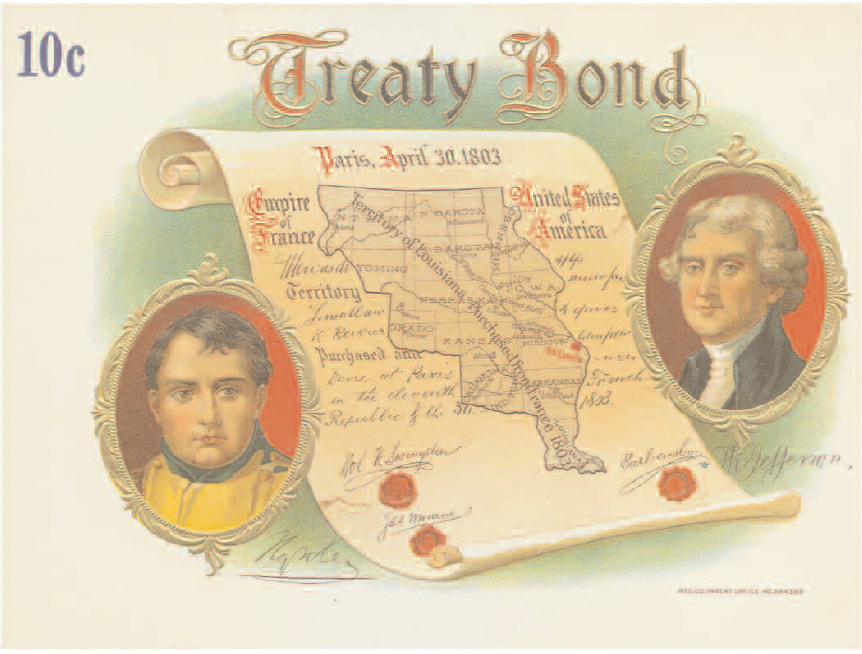 The Treaty Bond label features Napoleon, Jefferson, and a map of the Louisiana Purchase. 