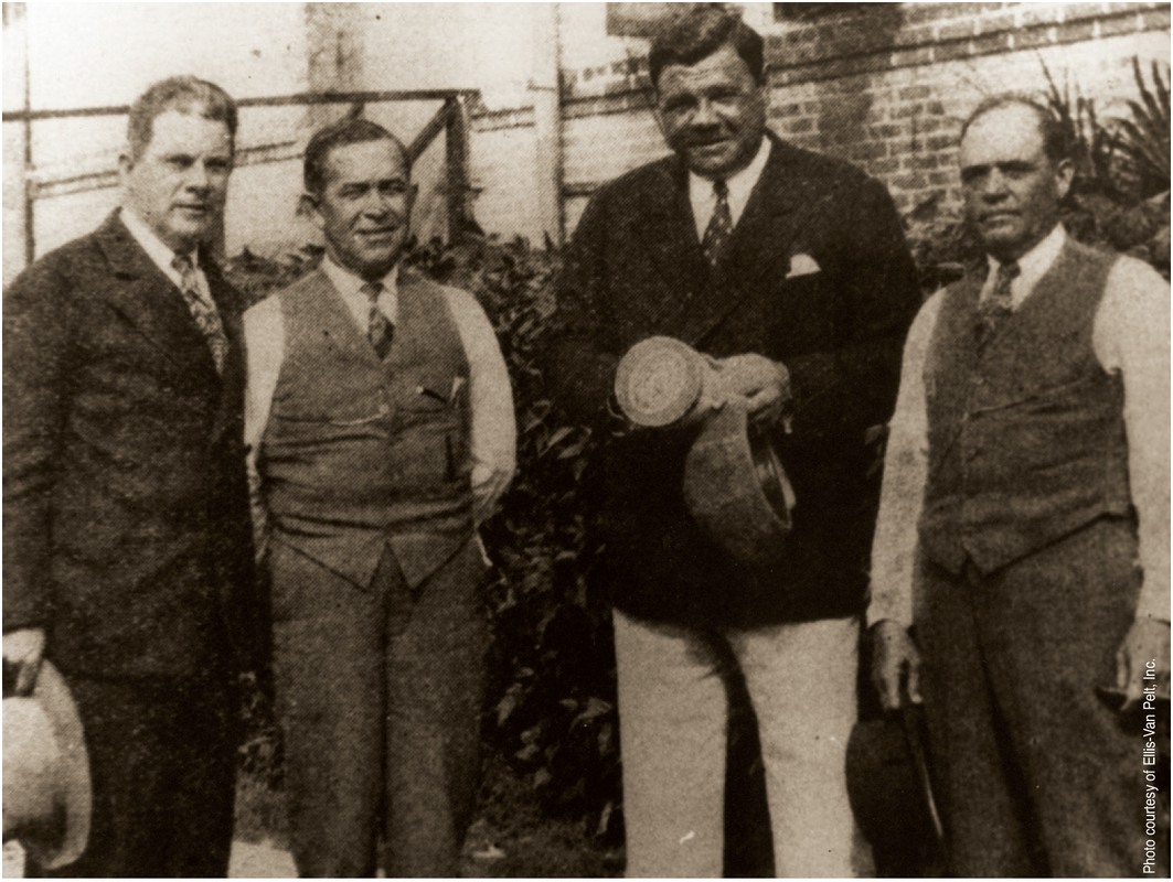 Left to right: Guy Ketterer, a well-known auto dealer of Tampa, Armando Rodriquez “Bombillo” assistant manager of the A. Santaella Cigar Factories, Babe Ruth and “Colonel” Mariano Alvarez, manager of the A. Santaella Cigar Factories in March 1929.