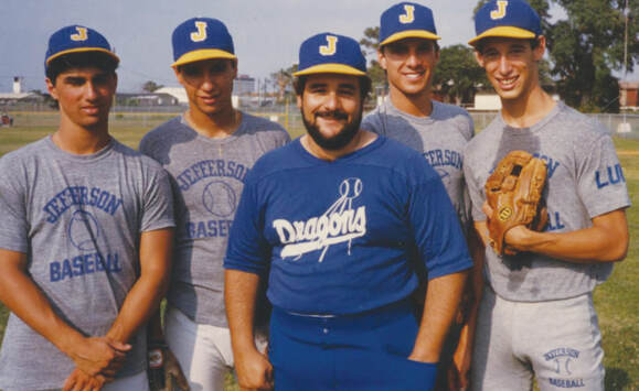 Right to left: Mike Dubet, Alan Villa, Asst. Coach Lou Maggio,  Tino Martinez & Luis Gonzalez, Jefferson High in 1985.