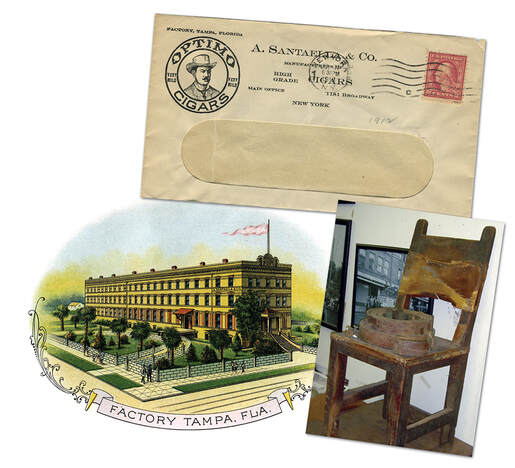 Top: An old Optimo Cigars envelope. Left: A. Santaella Factory. Right: A cigar factory worker’s chair on display at Ellis-Van Pelt Office Furniture.