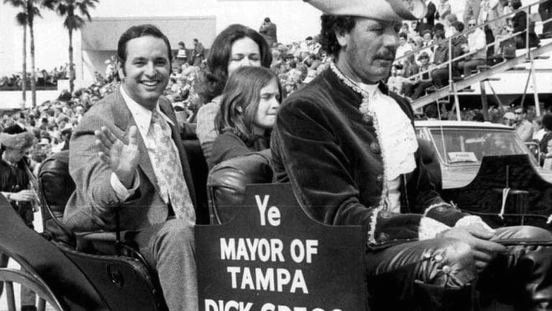 Newley elected Tampa Mayor Dick Greco in the Gasparilla Parade with his first wife and their daughter.