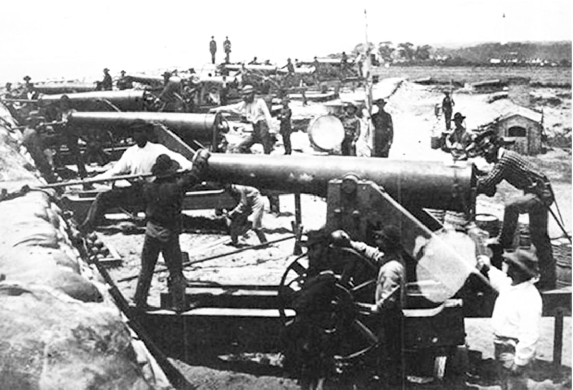 Formidable Columbiad guns of the Confederate water battery at Warrington, Florida. Warrington was considered the 