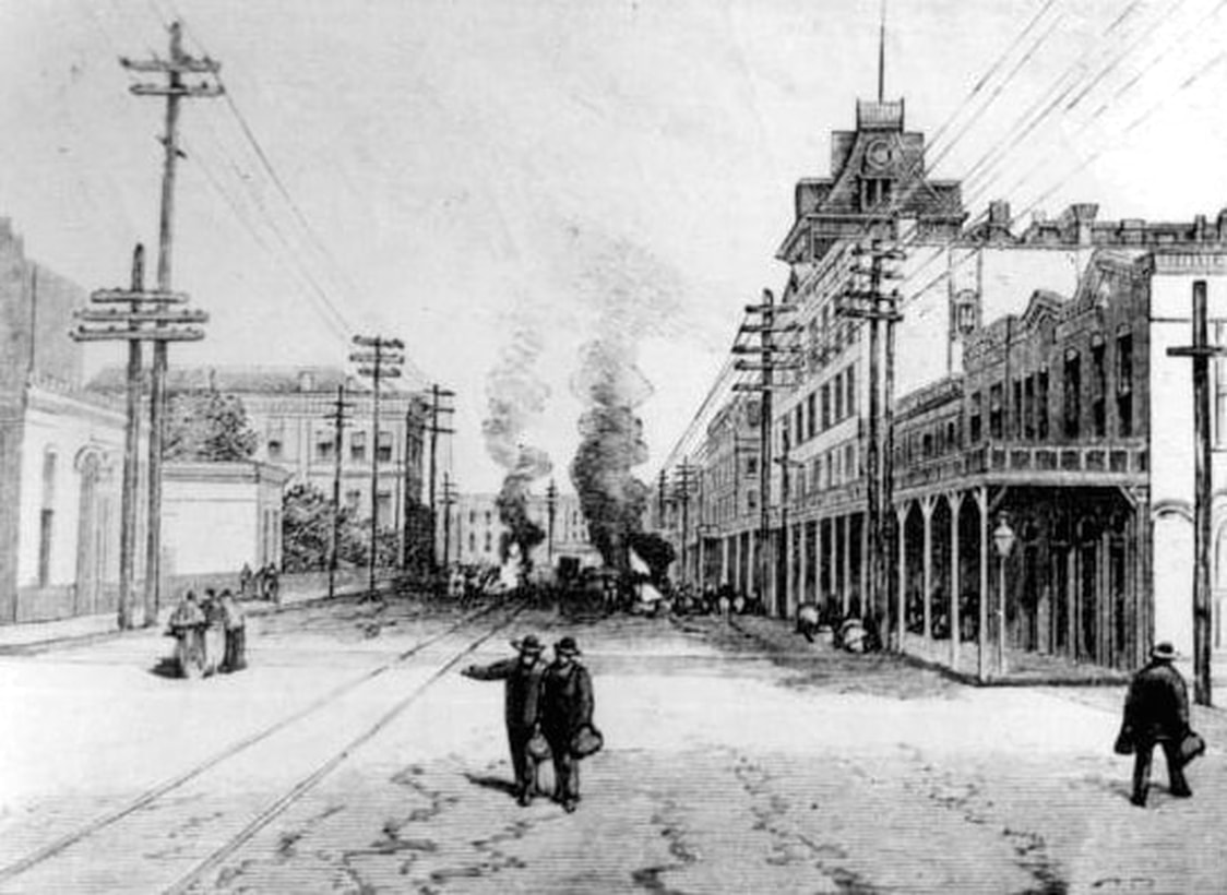 This 1888 drawing depicts creosote fires on Bay Street in Jacksonville. Erroneously, the fires (usually set at crossroads) were thought to ward off fever but succeeded only in filling towns with soot and smoke.
